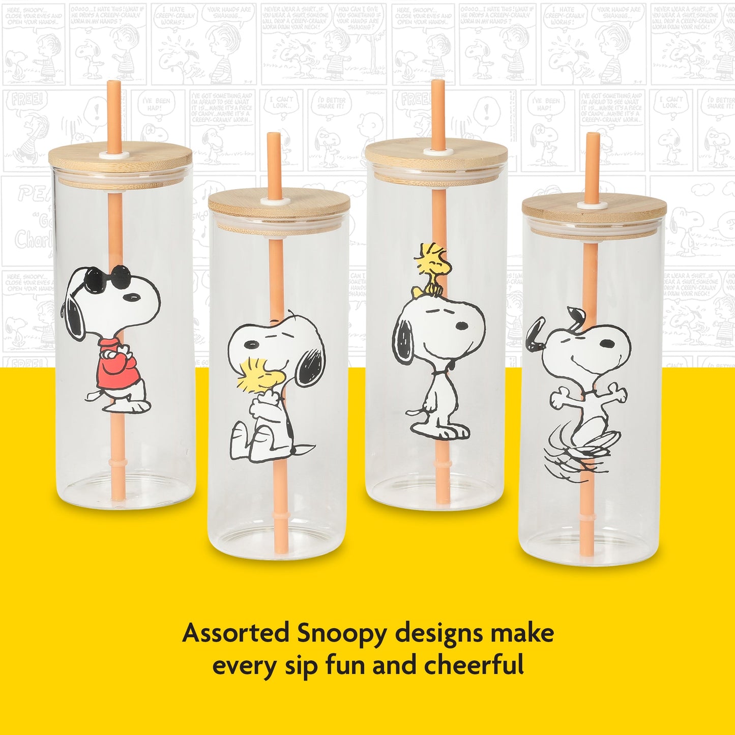 Peanuts Snoopy Happy Sips 4 Piece 23 OZ Tumbler Set with 4 Bamboo Lids and 4 Straws Set, Iced Coffe, Smoothie, Water Cup - Dishwasher Safe
