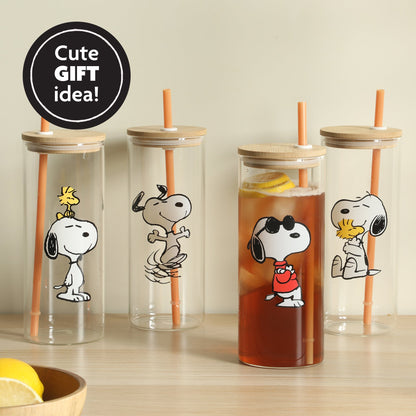 Peanuts Snoopy Happy Sips 4 Piece 23 OZ Tumbler Set with 4 Bamboo Lids and 4 Straws Set, Iced Coffe, Smoothie, Water Cup - Dishwasher Safe