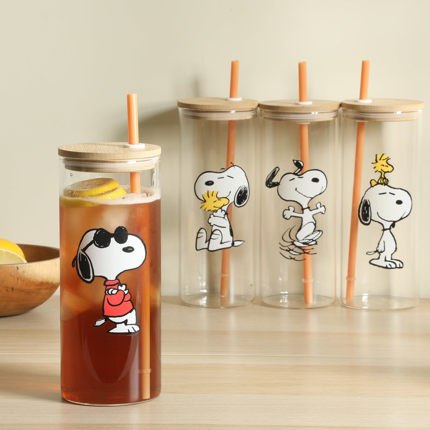 Peanuts Snoopy Happy Sips 4 Piece 23 OZ Tumbler Set with 4 Bamboo Lids and 4 Straws Set, Iced Coffe, Smoothie, Water Cup - Dishwasher Safe