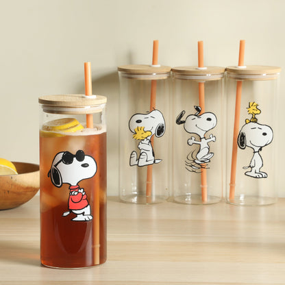Peanuts Snoopy Happy Sips 4 Piece 23 OZ Tumbler Set with 4 Bamboo Lids and 4 Straws Set, Iced Coffe, Smoothie, Water Cup - Dishwasher Safe