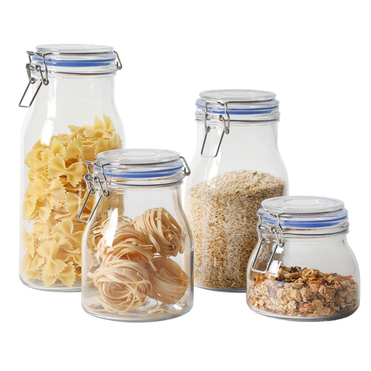 Sur La Table Lyon Court 4-Piece Glass Canister Set with Airtight Trigger Clamp Lids, Clear – 71 oz, 54 oz, 37 oz & 22.5 oz Sizes, Rubber Gasket Seal, Dishwasher Safe Food Storage Jars
