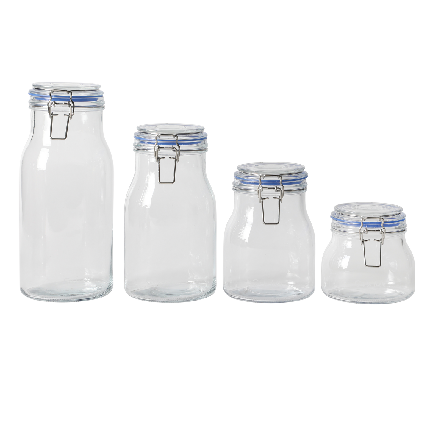 Sur La Table Lyon Court 4-Piece Glass Canister Set with Airtight Trigger Clamp Lids, Clear – 71 oz, 54 oz, 37 oz & 22.5 oz Sizes, Rubber Gasket Seal, Dishwasher Safe Food Storage Jars