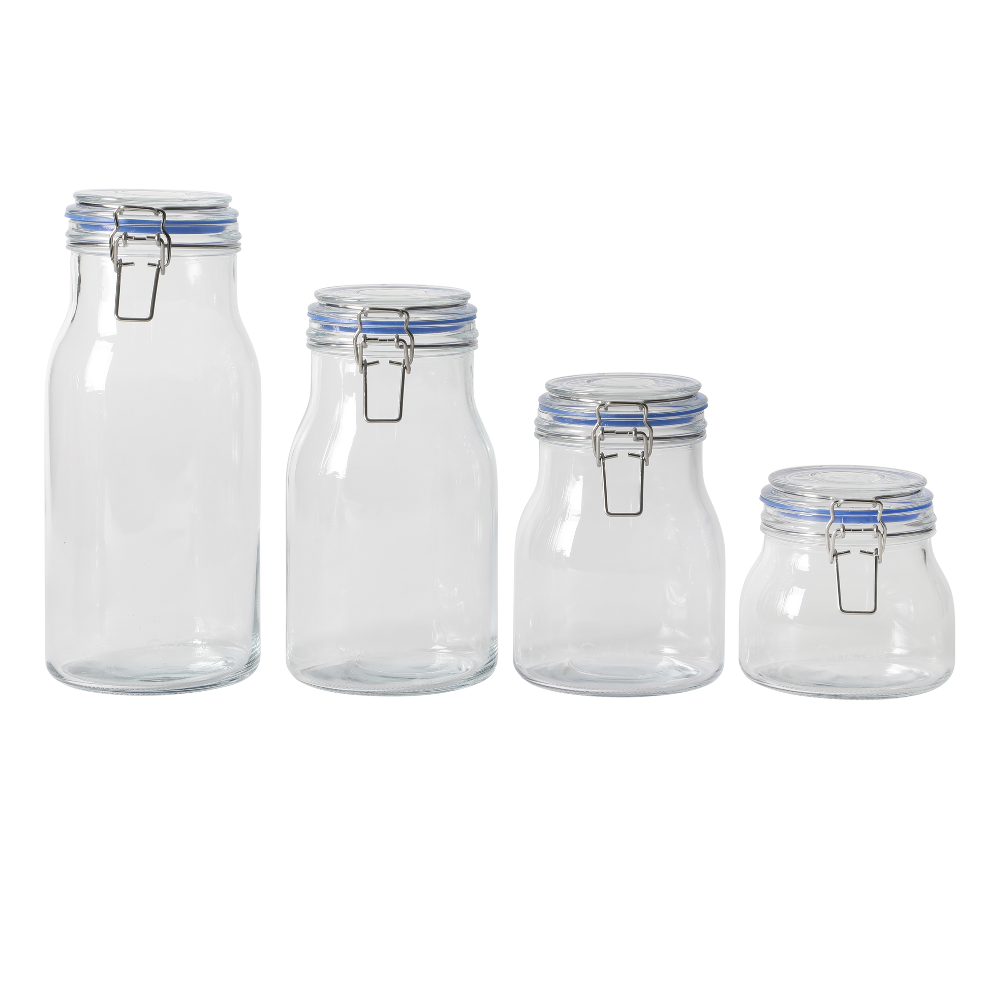 Sur La Table Lyon Court 4-Piece Glass Canister Set with Airtight Trigger Clamp Lids, Clear – 71 oz, 54 oz, 37 oz & 22.5 oz Sizes, Rubber Gasket Seal, Dishwasher Safe Food Storage Jars