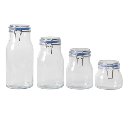 Sur La Table Lyon Court 4-Piece Glass Canister Set with Airtight Trigger Clamp Lids, Clear – 71 oz, 54 oz, 37 oz & 22.5 oz Sizes, Rubber Gasket Seal, Dishwasher Safe Food Storage Jars