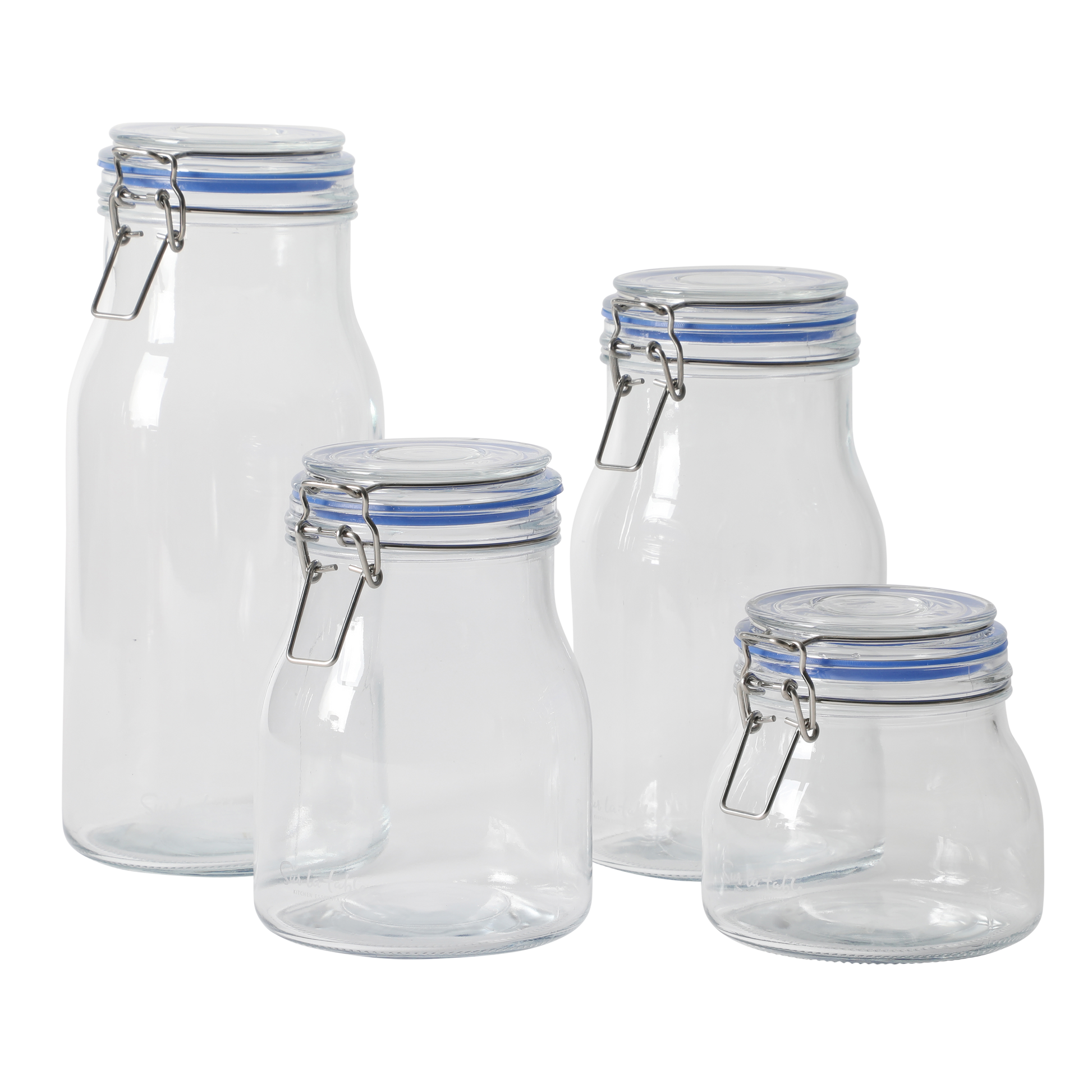 Sur La Table Lyon Court 4-Piece Glass Canister Set with Airtight Trigger Clamp Lids, Clear – 71 oz, 54 oz, 37 oz & 22.5 oz Sizes, Rubber Gasket Seal, Dishwasher Safe Food Storage Jars