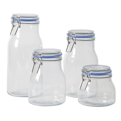 Sur La Table Lyon Court 4-Piece Glass Canister Set with Airtight Trigger Clamp Lids, Clear – 71 oz, 54 oz, 37 oz & 22.5 oz Sizes, Rubber Gasket Seal, Dishwasher Safe Food Storage Jars