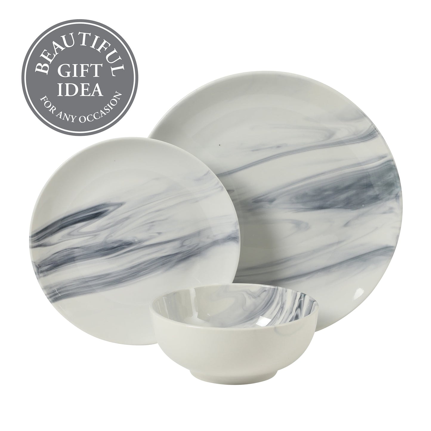 Gibson Home Cloudlight 12 Piece Plates and Bowls Dishes Brown and White - Decorated Porcelain Ceramic Dinnerware Set - Service for 4