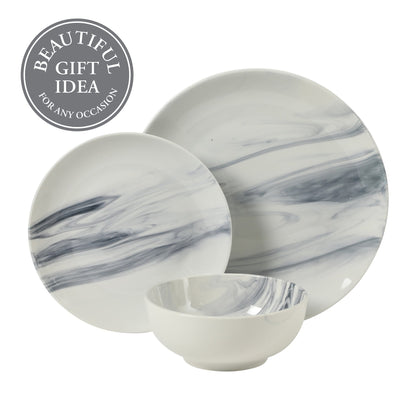 Gibson Home Cloudlight 12 Piece Plates and Bowls Dishes Brown and White - Decorated Porcelain Ceramic Dinnerware Set - Service for 4