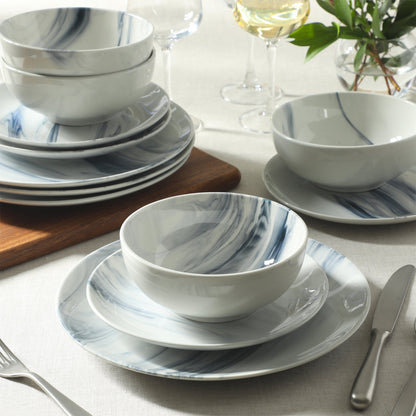 Gibson Home Cloudlight 12 Piece Plates and Bowls Dishes Brown and White - Decorated Porcelain Ceramic Dinnerware Set - Service for 4
