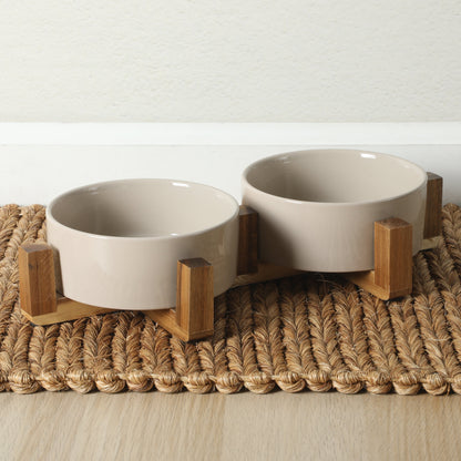 Gibson Home Zoomie Bites Ceramic Dog and Cat Bowl with Acacia Wood Stand Non-Slip Matte Glaze Weighted Food Water Set for Cats & Small/Medium Sized Dogs, 5.5" Bowls