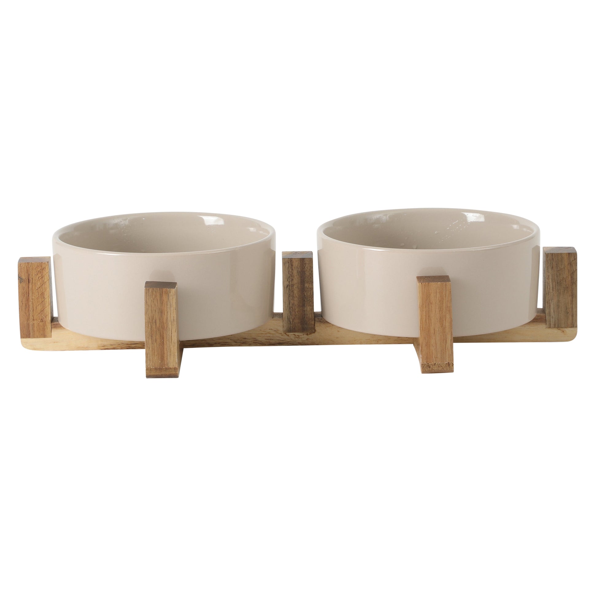 Gibson Home Zoomie Bites Ceramic Dog and Cat Bowl with Acacia Wood Stand Non-Slip Matte Glaze Weighted Food Water Set for Cats & Small/Medium Sized Dogs, 5.5" Bowls