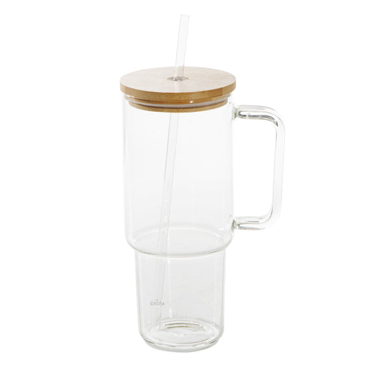 Mr. Coffee Crafted Calm 34 oz Borosilicate Glass Tumbler with Handle, Straw and Bamboo Lid, Iced Coffee Cup, BPA Free, Dishwasher Safe