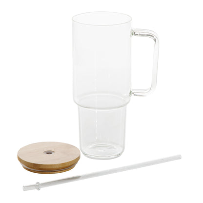 Mr. Coffee Crafted Calm 34 oz Borosilicate Glass Tumbler with Handle, Straw and Bamboo Lid, Iced Coffee Cup, BPA Free, Dishwasher Safe