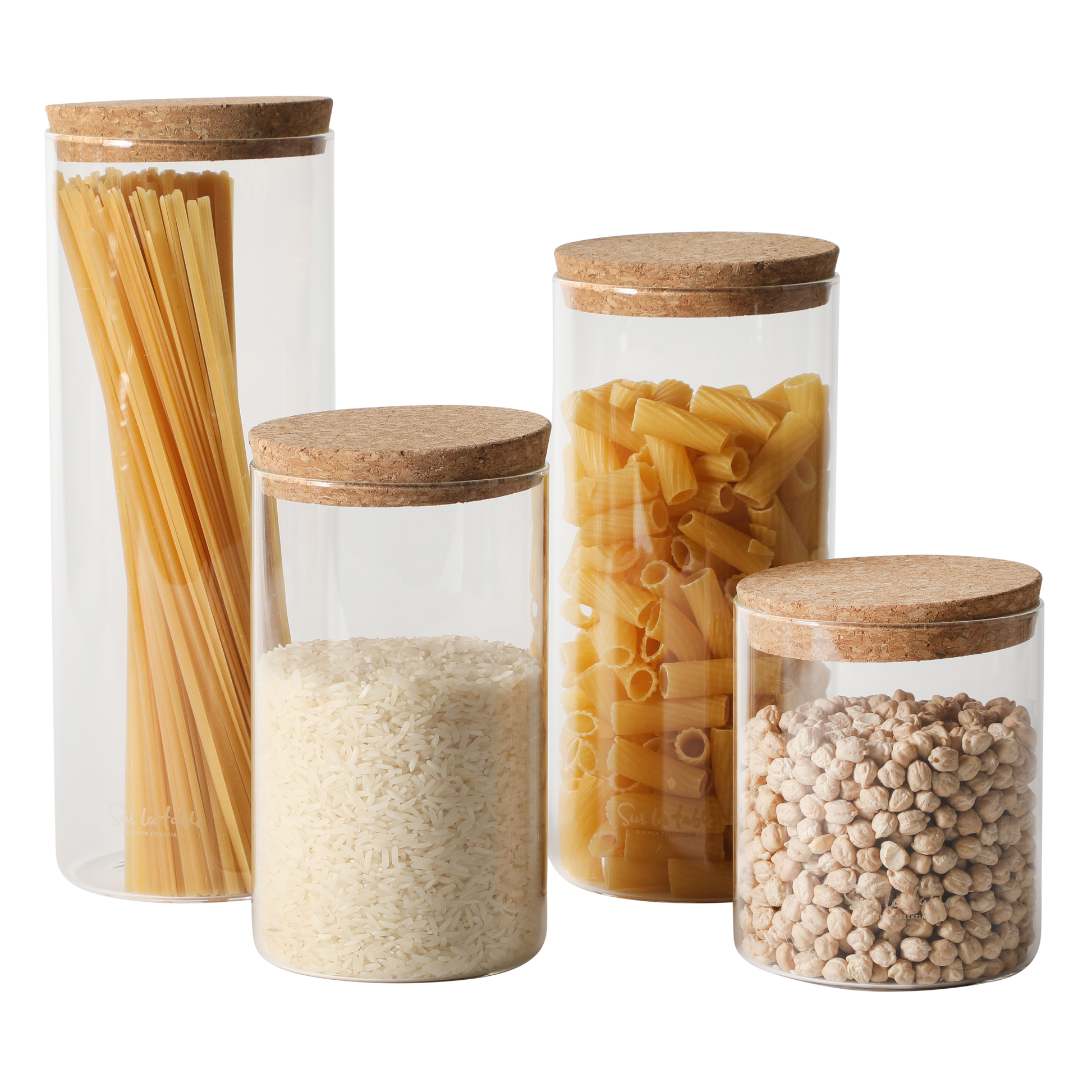 Sur La Table Kitchen Essentials Rue Lumiere 4-Piece Handmade Glass Canister Set with Airtight Cork Lids, Clear – 57 oz, 45 oz, 34 oz & 25 oz, Food Storage Jars, Dishwasher Safe, Pantry Organization