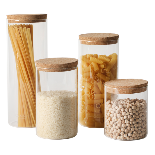 Sur La Table Kitchen Essentials Rue Lumiere 4-Piece Handmade Glass Canister Set with Airtight Cork Lids, Clear – 57 oz, 45 oz, 34 oz & 25 oz, Food Storage Jars, Dishwasher Safe, Pantry Organization