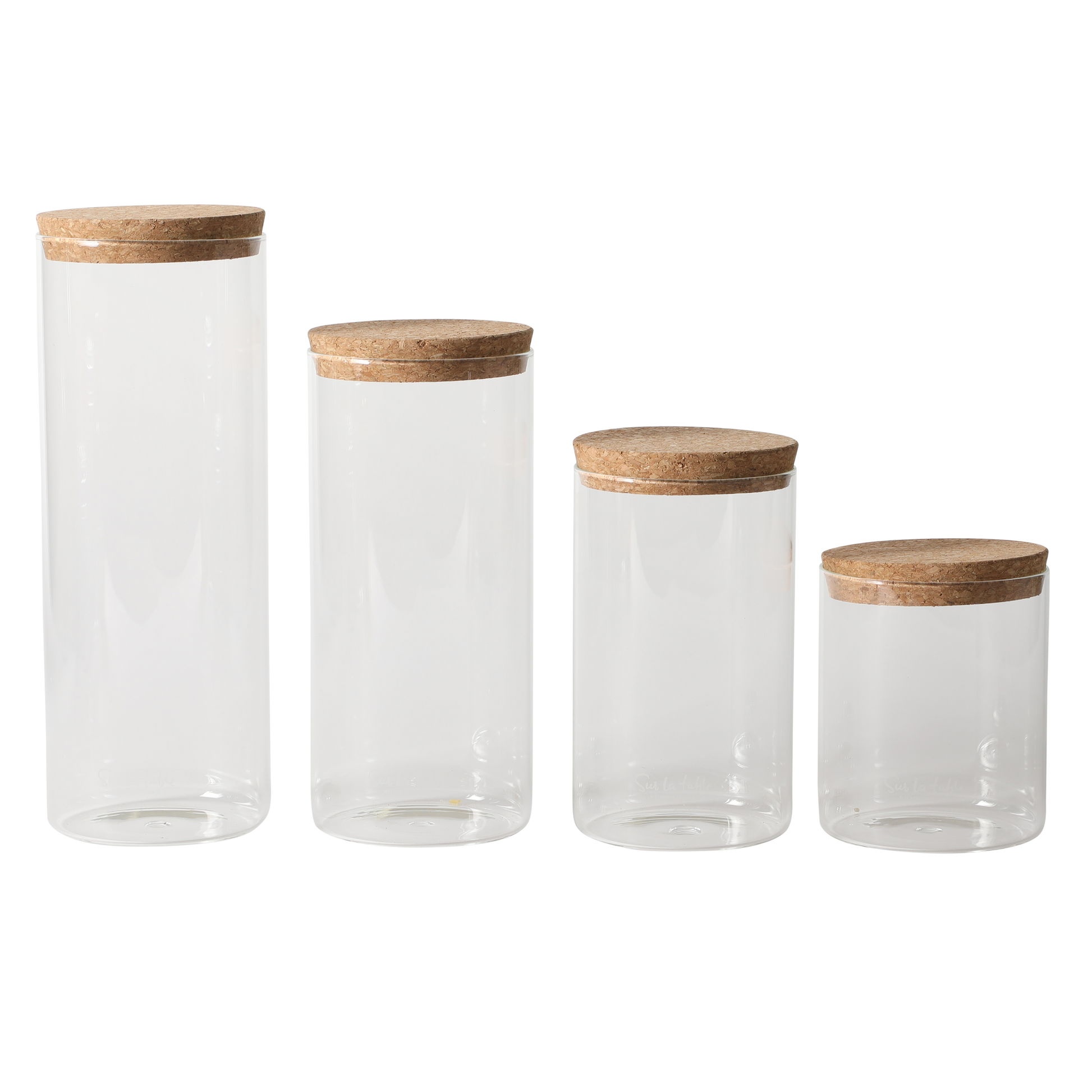 Sur La Table Kitchen Essentials Rue Lumiere 4-Piece Handmade Glass Canister Set with Airtight Cork Lids, Clear – 57 oz, 45 oz, 34 oz & 25 oz, Food Storage Jars, Dishwasher Safe, Pantry Organization
