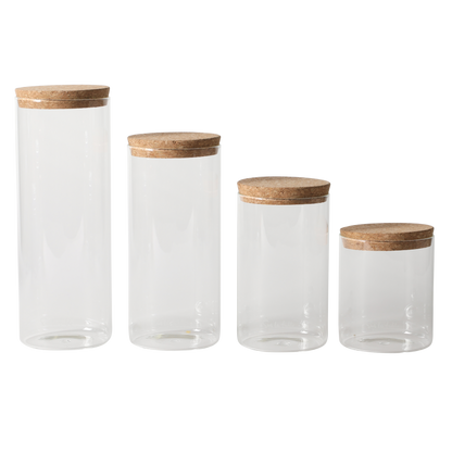 Sur La Table Kitchen Essentials Rue Lumiere 4-Piece Handmade Glass Canister Set with Airtight Cork Lids, Clear – 57 oz, 45 oz, 34 oz & 25 oz, Food Storage Jars, Dishwasher Safe, Pantry Organization
