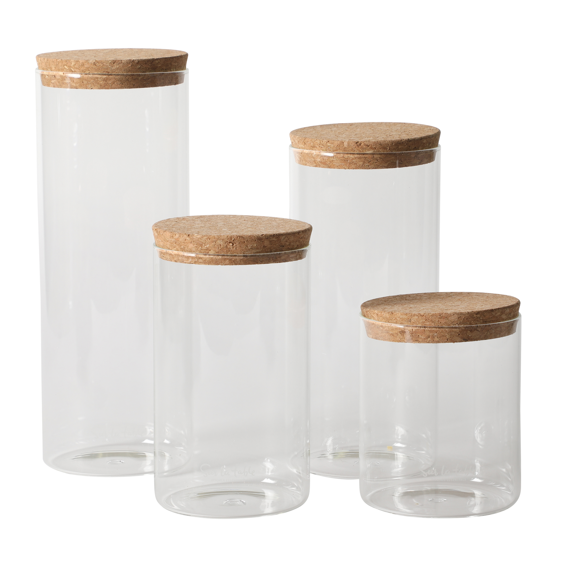 Sur La Table Kitchen Essentials Rue Lumiere 4-Piece Handmade Glass Canister Set with Airtight Cork Lids, Clear – 57 oz, 45 oz, 34 oz & 25 oz, Food Storage Jars, Dishwasher Safe, Pantry Organization