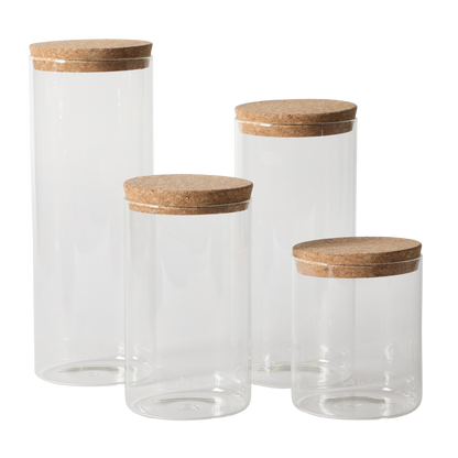 Sur La Table Kitchen Essentials Rue Lumiere 4-Piece Handmade Glass Canister Set with Airtight Cork Lids, Clear – 57 oz, 45 oz, 34 oz & 25 oz, Food Storage Jars, Dishwasher Safe, Pantry Organization