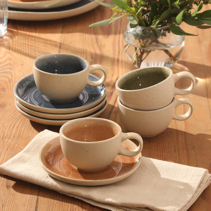 Gibson Elite Manila Bay 8-Piece Stoneware 5 oz Cup and Saucer Set, Reactive Glaze Espresso & Coffee Cups with Saucers, Assorted Colors