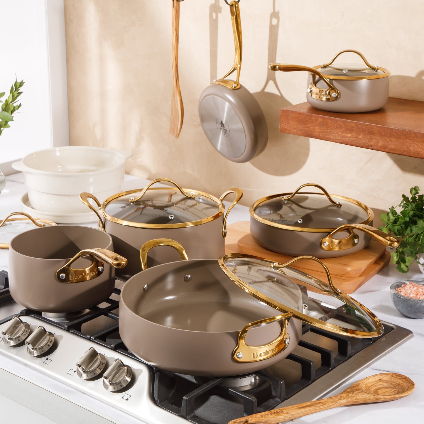 Bloomhouse 15 Piece Pots and Pans Heavy Duty Aluminum Premium PFA Free Ceramic Nonstick Dutch Oven Pot with Lid