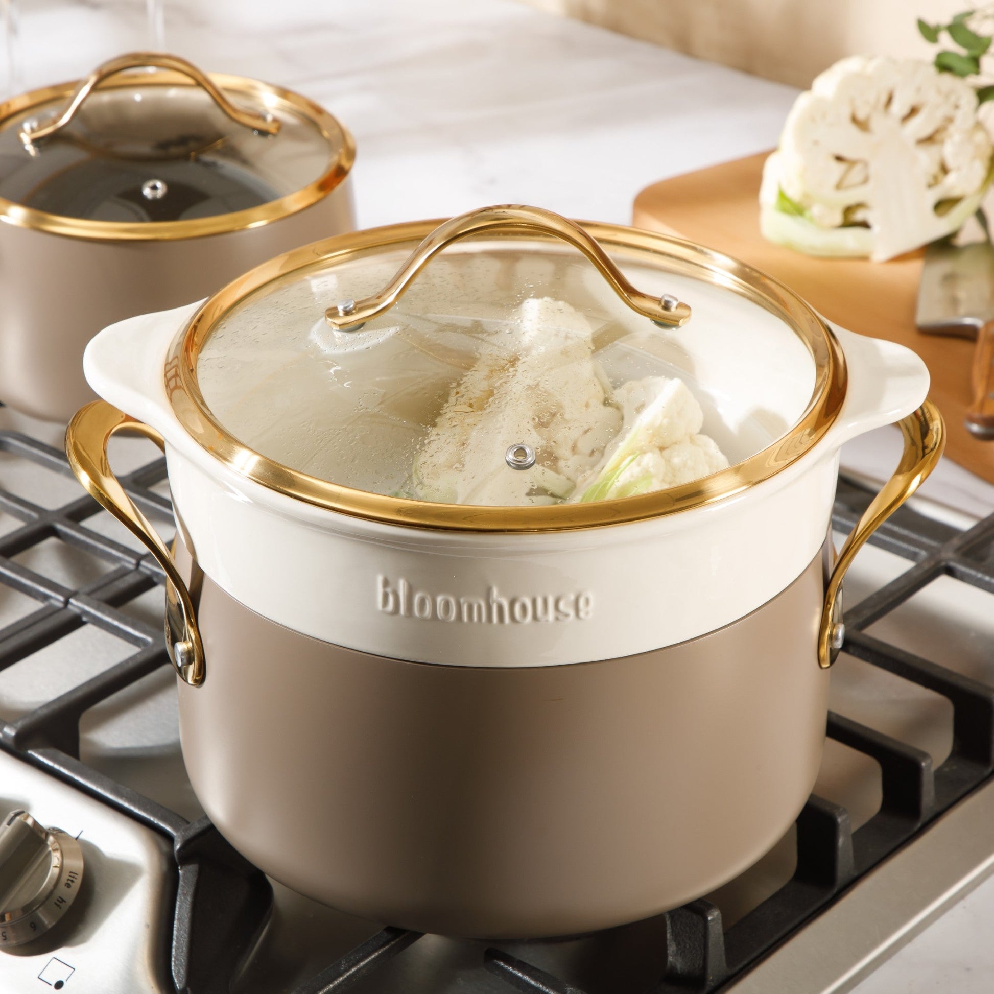 Bloomhouse 8 Piece Pots and Pans Heavy Duty Aluminum Premium PFA Free Ceramic Nonstick Dutch Oven Pot with Lid - Linen White with Gold Handle