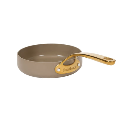 Bloomhouse 8 Inch Heavy Duty Aluminum Premium PFA Free Ceramic Nonstick Saute/Deep Frying Pan Skillet - Linen White with Gold Handle