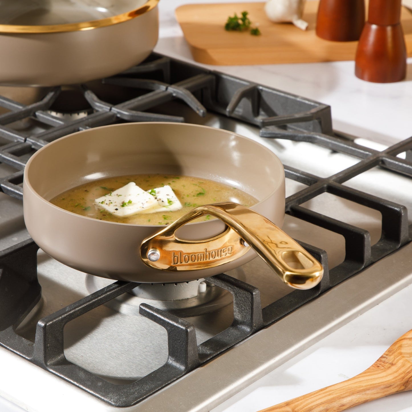Bloomhouse 8 Inch Heavy Duty Aluminum Premium PFA Free Ceramic Nonstick Saute/Deep Frying Pan Skillet - Linen White with Gold Handle