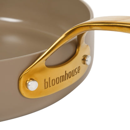 Bloomhouse 8 Inch Heavy Duty Aluminum Premium PFA Free Ceramic Nonstick Saute/Deep Frying Pan Skillet - Linen White with Gold Handle