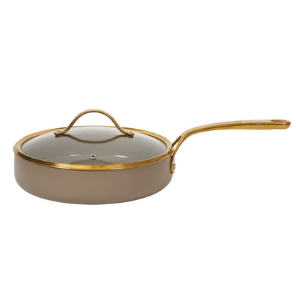 Bloomhouse 10 Inch Heavy Duty Aluminum Premium PFA Free Ceramic Nonstick Saute/Deep Frying Pan Skillet with Lid - Linen White with Gold Handle