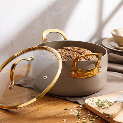 Bloomhouse 6 Quart Heavy Duty Aluminum Premium PFA Free Ceramic Nonstick Dutch Oven Pot with Lid - Linen White with Gold Handle