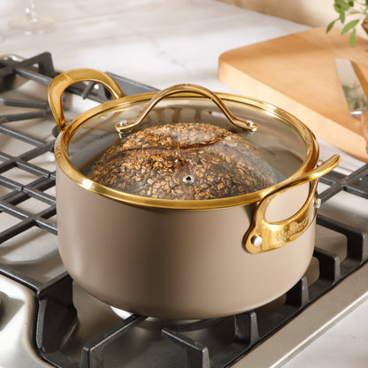Bloomhouse 6 Quart Heavy Duty Aluminum Premium PFA Free Ceramic Nonstick Dutch Oven Pot with Lid - Linen White with Gold Handle