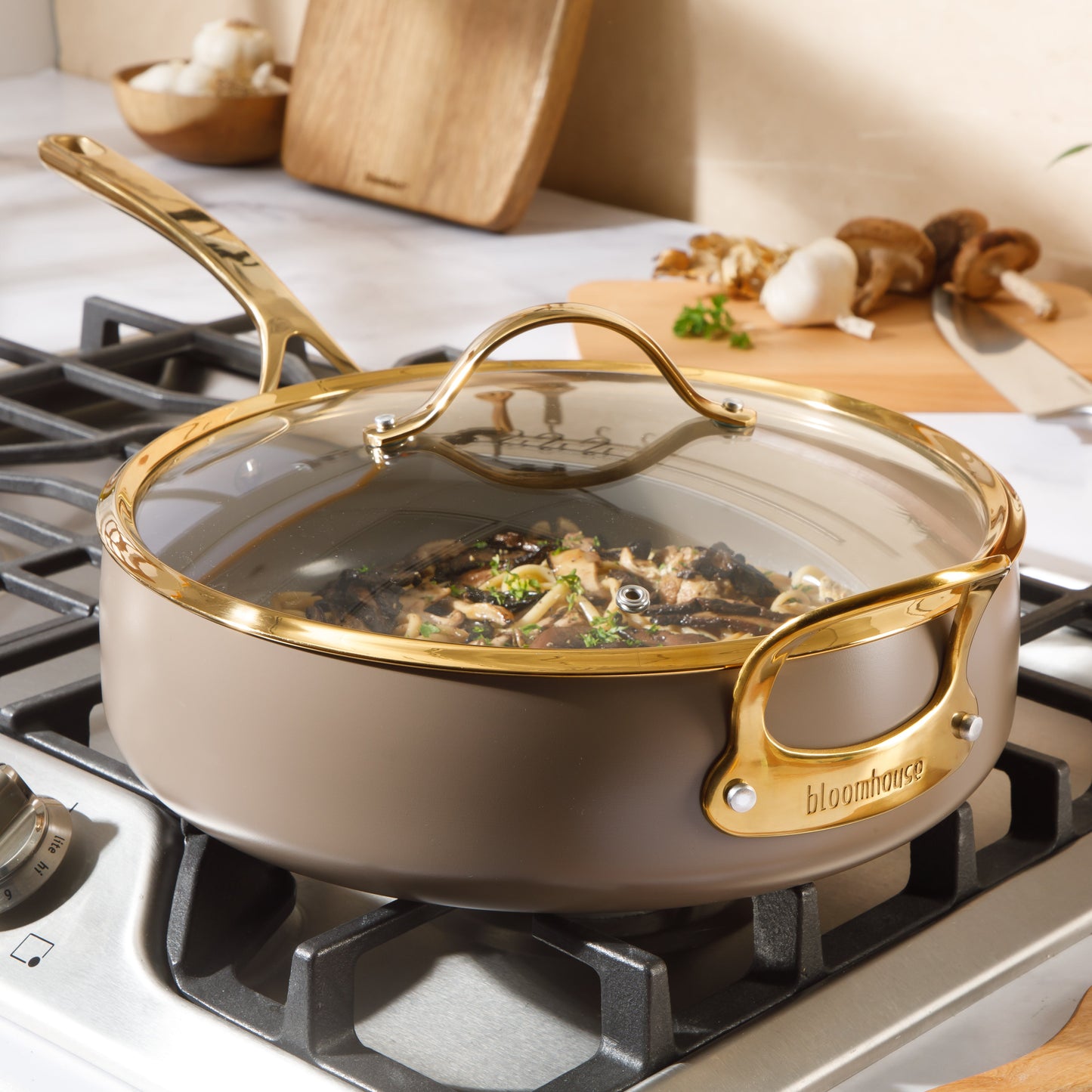 Bloomhouse  6 QT Heavy Duty Aluminum Premium PFA Free Ceramic Nonstick Saute/Deep Frying Pan Skillet with Lid - Linen White with Gold Handle