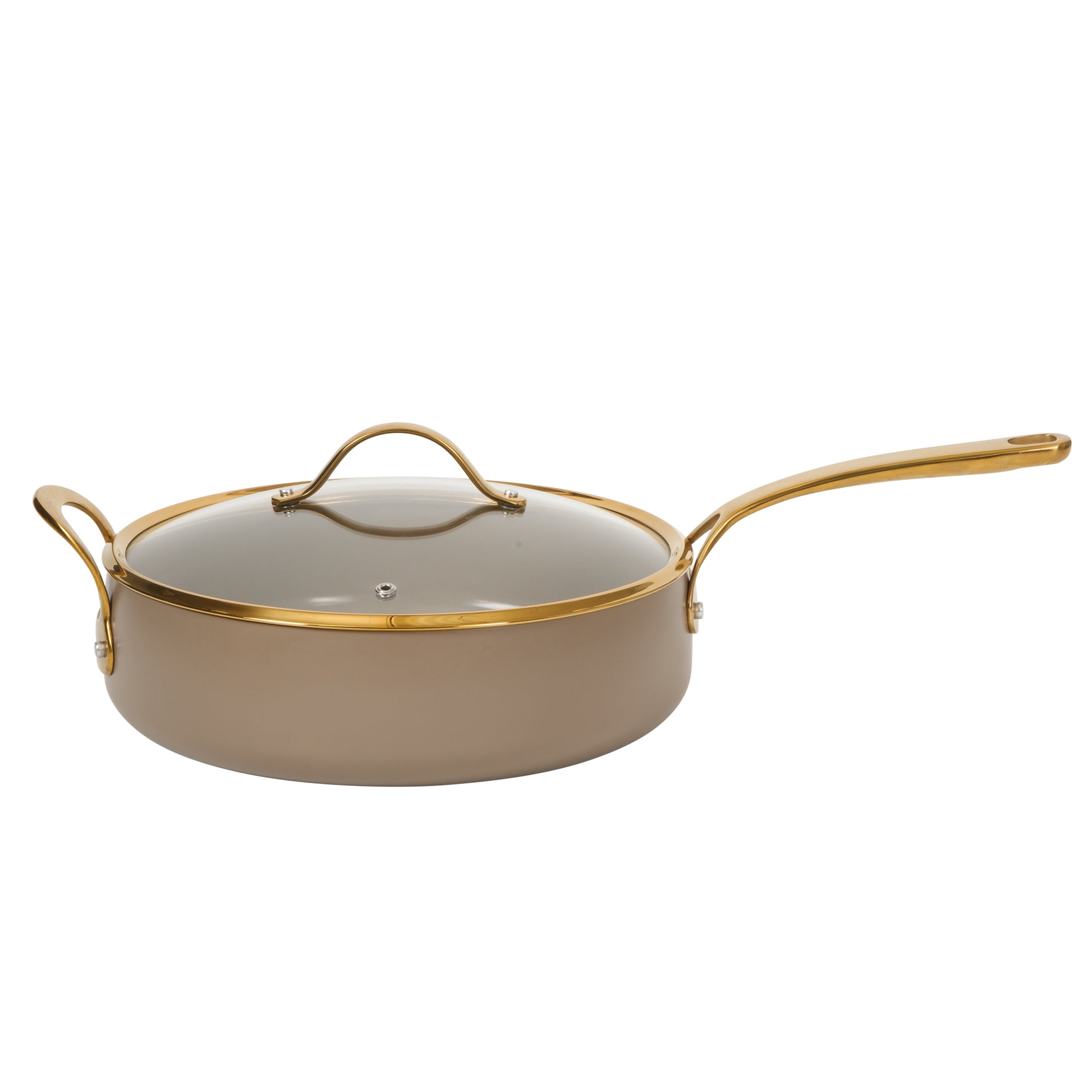 Bloomhouse  6 QT Heavy Duty Aluminum Premium PFA Free Ceramic Nonstick Saute/Deep Frying Pan Skillet with Lid - Linen White with Gold Handle