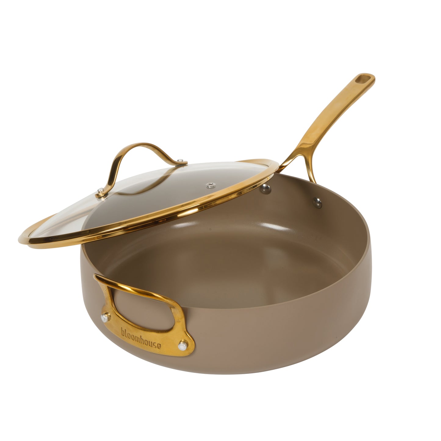Bloomhouse  6 QT Heavy Duty Aluminum Premium PFA Free Ceramic Nonstick Saute/Deep Frying Pan Skillet with Lid - Linen White with Gold Handle