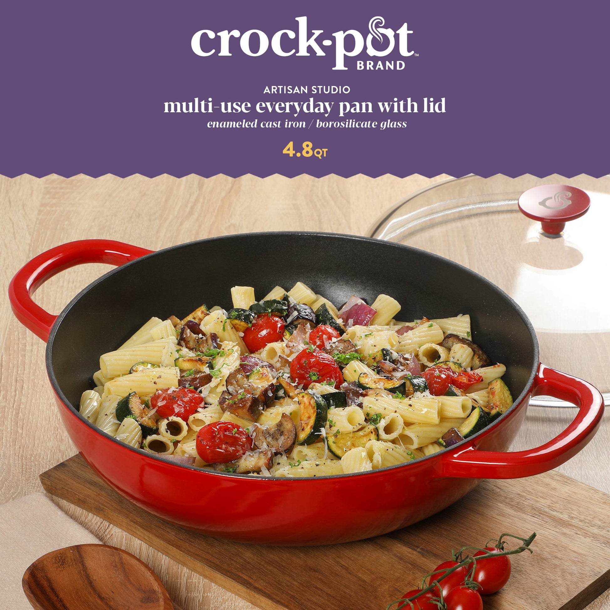 Crock-pot Artisan Studio Enameled Cast Iron Everyday Pan with Lid, 4.8 quarts, 12 inches, Borosilicate Glass Lid, Induction Base, Oven Safe, Red