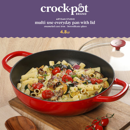 Crock-pot Artisan Studio Enameled Cast Iron Everyday Pan with Lid, 4.8 quarts, 12 inches, Borosilicate Glass Lid, Induction Base, Oven Safe, Red