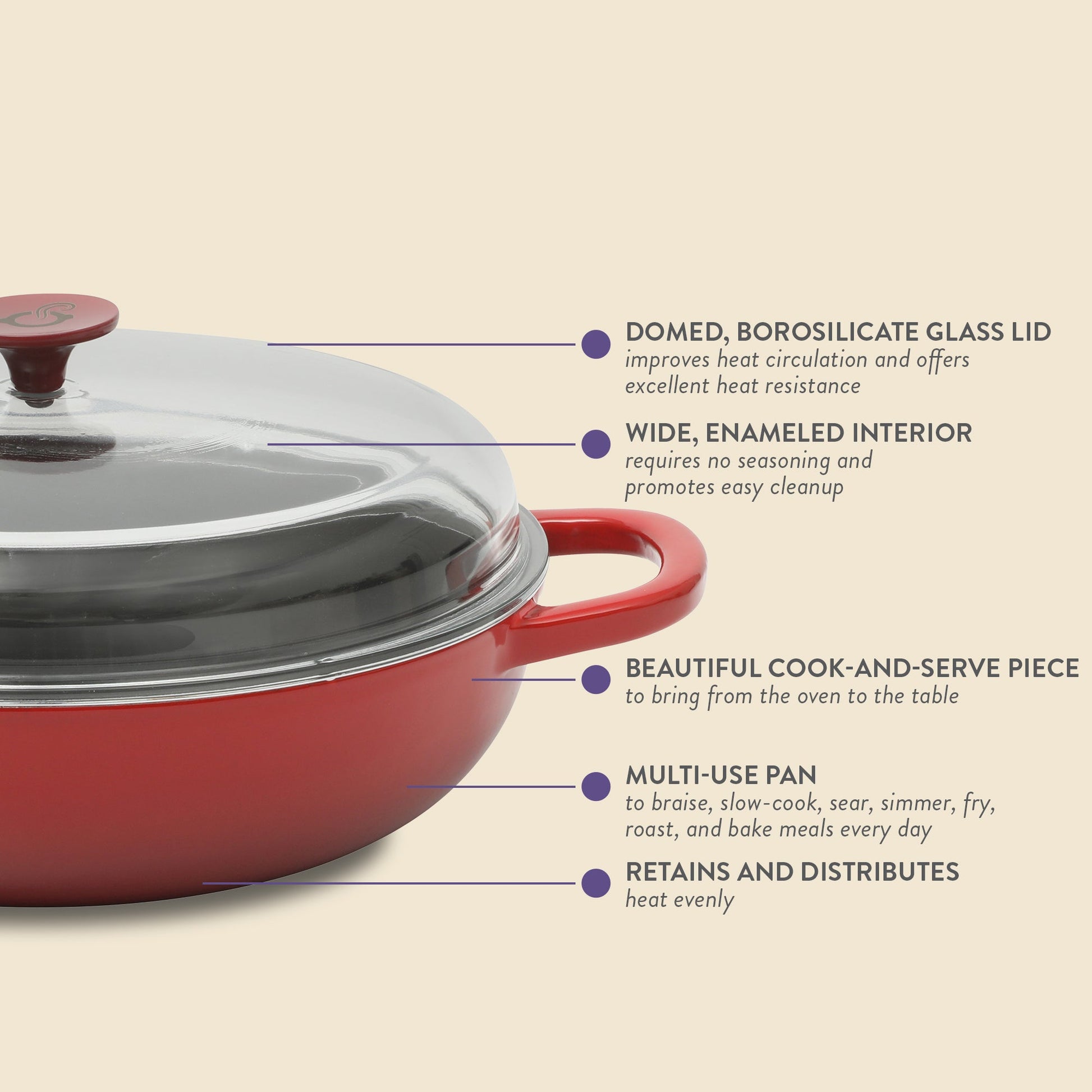 Crock-pot Artisan Studio Enameled Cast Iron Everyday Pan with Lid, 4.8 quarts, 12 inches, Borosilicate Glass Lid, Induction Base, Oven Safe, Red