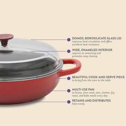 Crock-pot Artisan Studio Enameled Cast Iron Everyday Pan with Lid, 4.8 quarts, 12 inches, Borosilicate Glass Lid, Induction Base, Oven Safe, Red