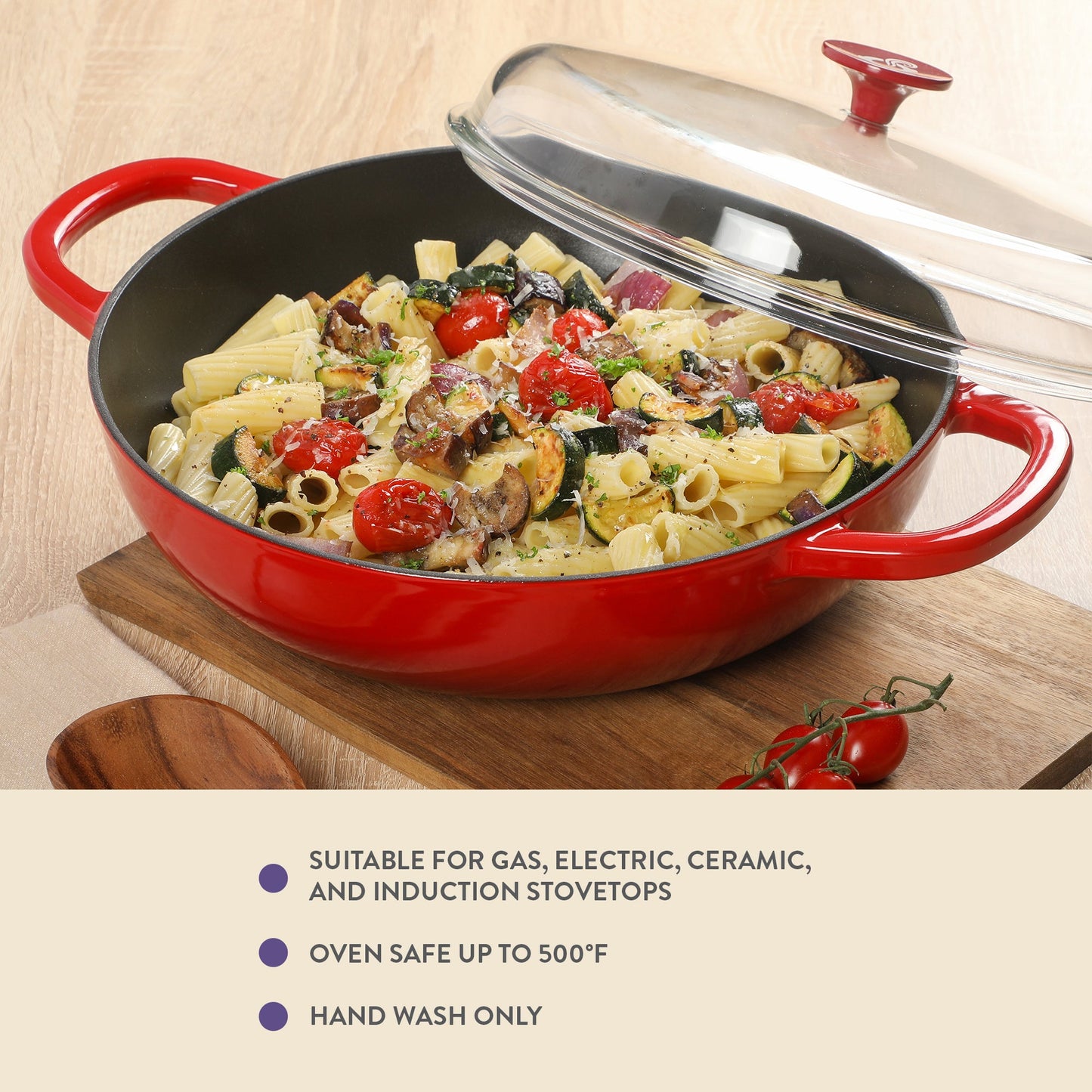 Crock-pot Artisan Studio Enameled Cast Iron Everyday Pan with Lid, 4.8 quarts, 12 inches, Borosilicate Glass Lid, Induction Base, Oven Safe, Red