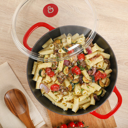 Crock-pot Artisan Studio Enameled Cast Iron Everyday Pan with Lid, 4.8 quarts, 12 inches, Borosilicate Glass Lid, Induction Base, Oven Safe, Red