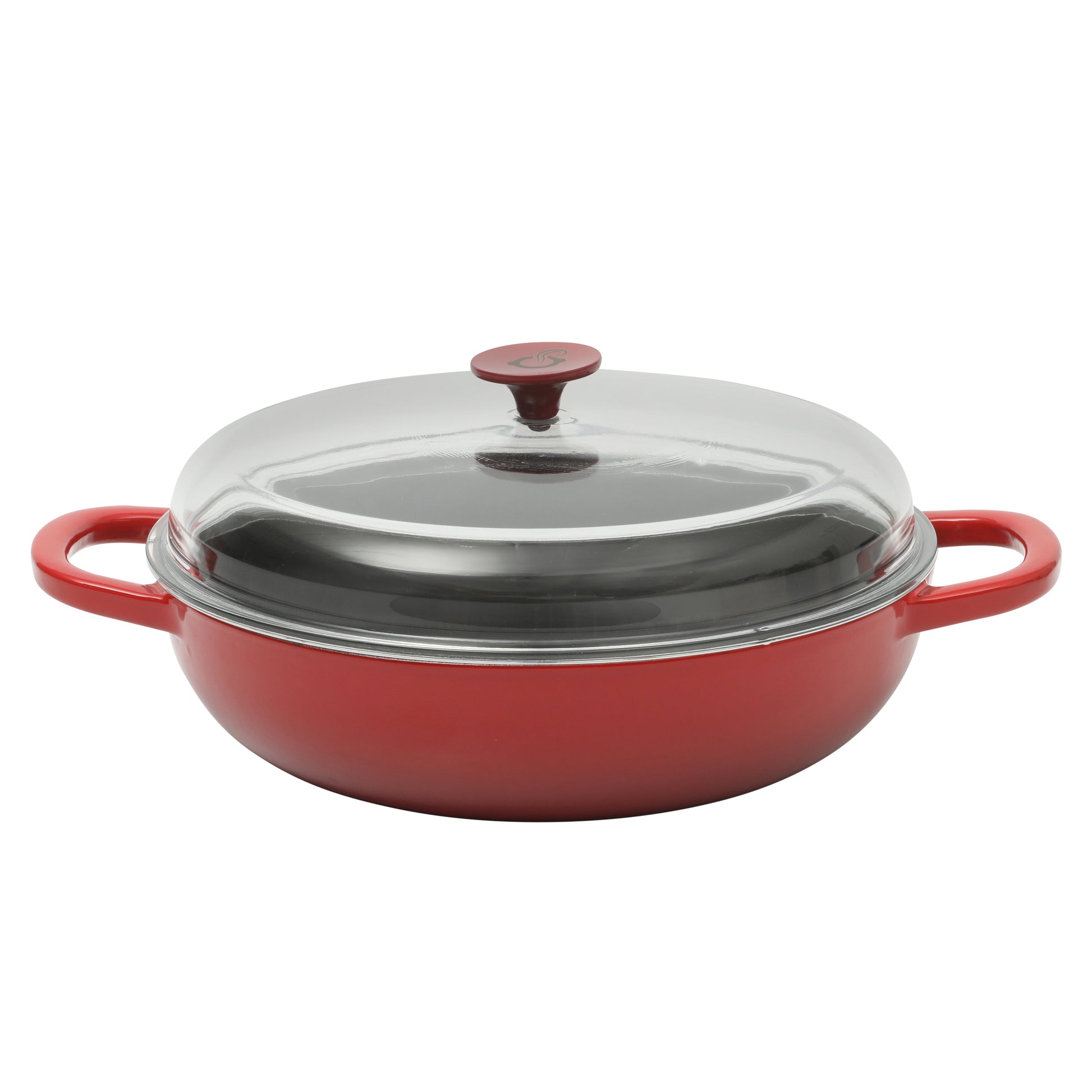 Crock-pot Artisan Studio Enameled Cast Iron Everyday Pan with Lid, 4.8 quarts, 12 inches, Borosilicate Glass Lid, Induction Base, Oven Safe, Red