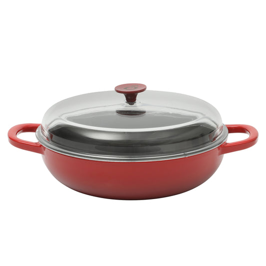 Crock-pot Artisan Studio Enameled Cast Iron Everyday Pan with Lid, 4.8 quarts, 12 inches, Borosilicate Glass Lid, Induction Base, Oven Safe, Red