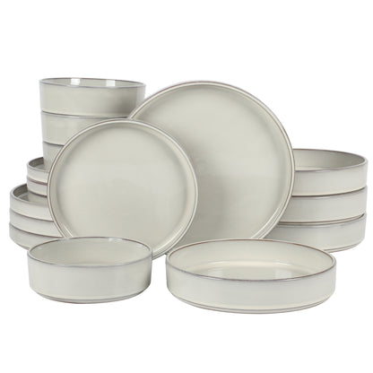 Bloomhouse Santorini Mist 16 Piece Double Bowl Terracotta Reactive Glaze Plates and Bowls Dinnerware Set - Moonstone White, Amber, Garnet Red, or Jade