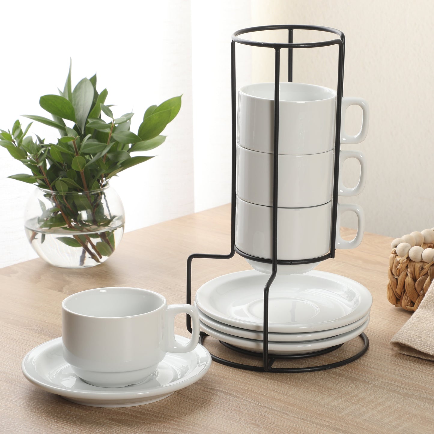 Gibson Home Gracious Dining 7-Ounce Cappuccino Cups Set of 4, Stackable Coffee Cups with 4 Saucers, Metal Stand, Coffee Mugs for Latte, Café, Mocha, Tea