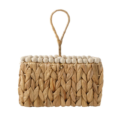 Gibson Home Riverrun Grove Woven Utensil Caddy with 4 Compartments, Natural Hand-Braided Water Hyacinth Basket with Wood-Bead Trim for Napkins, Cutlery, Condiments & Tabletop Storage