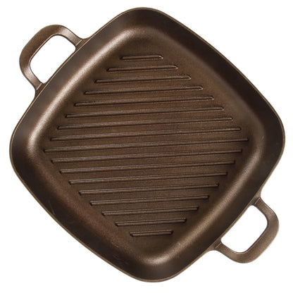 Bloomhouse Natural Bronze Finish 12-Inch Square Cast Iron Grill Pan – Olive Oil Treated Surface with Dual Handles & Olive Wood Trivet, Oven, Grill & Campfire Safe