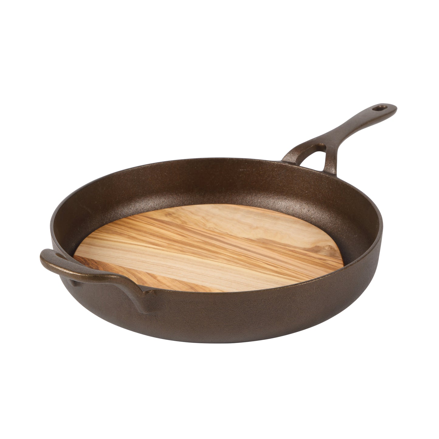 Bloomhouse Natural Bronze Finish Cast Iron Skillet with Long Handle, Helper Handle & Olive Wood Trivet – Olive Oil Treated Fry Pan, Oven & Stovetop Safe