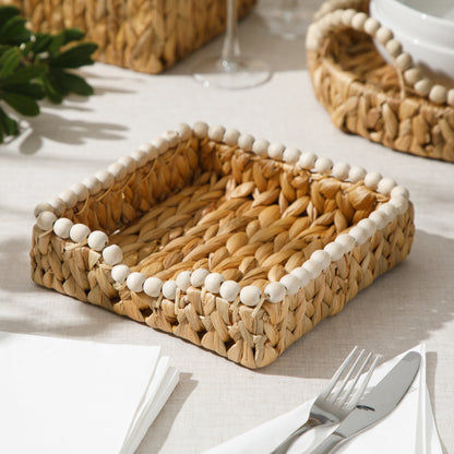 Gibson Home Riverrun Grove Woven Decorative Napkin Holder Tray – Natural Water Hyacinth Square Basket with Wood-Bead Trim for Napkins, Keys, Mail, Coffee Table Décor & Kitchen Counter Storage