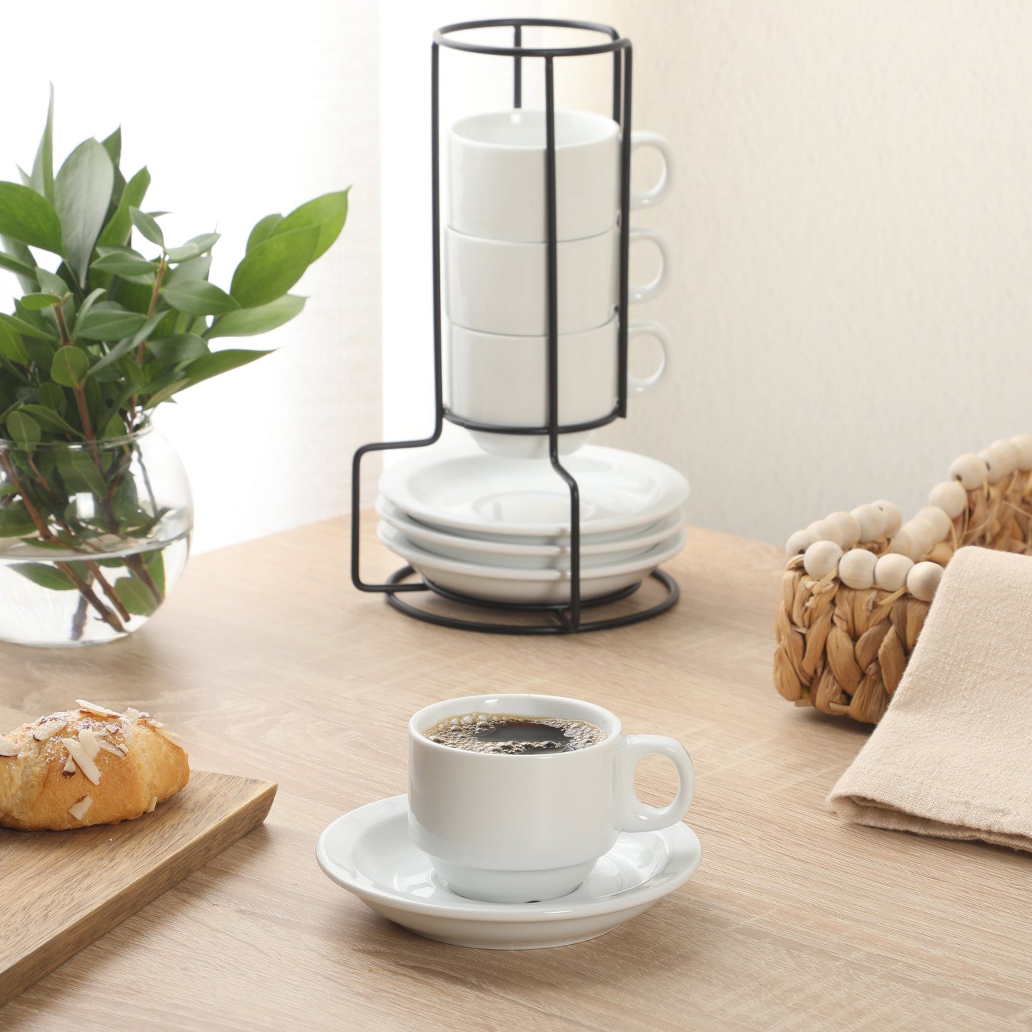 Gibson Home Gracious Dining 3-Ounce Espresso Cups Set of 4, Small Stackable Coffee Cups with 4 Saucers, Metal Stand, Ceramic Demitasse Mugs, Espresso Accessories for Machine